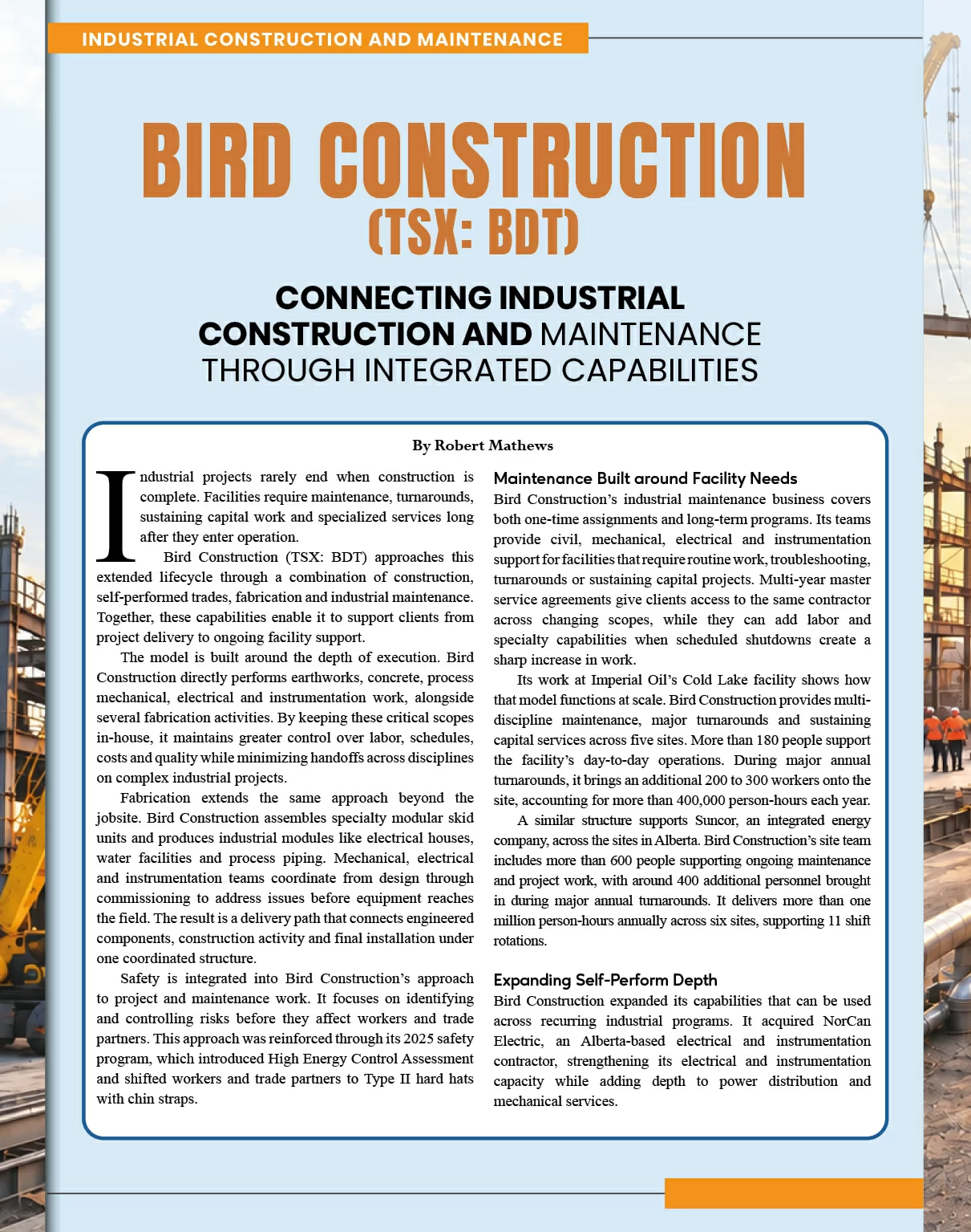 Bird Construction(TSX: BDT): Connecting Industrial Construction And Maintenance Through Integrated Capabilities | Construction Business Review